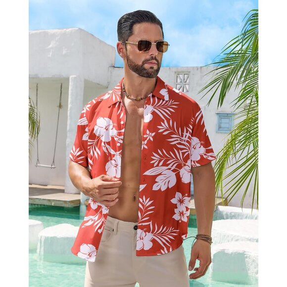 Men Red Hawaiian Wrinkle Free Short Sleeve Button Down Tropical Floral Shirt - Picture 3 of 5